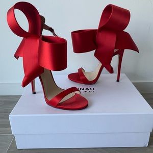 Aminah Ahabdul Jillil Red Satin Open Toed Heels